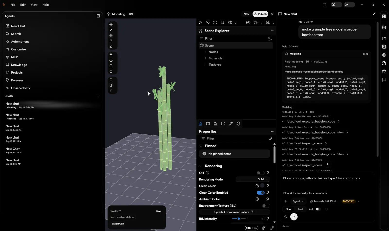 Dola Modeling mode: Babylon viewport of a bamboo plant, Scene Explorer inspector, and chat that called execute_babylon_code